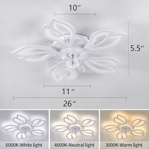 Dalouguan Ceiling Fan with Lights Remote Control, 26" White Low Profile Ceiling Fan with Light, Modern Leaf Geometric Flush Mount Ceiling Fan for Kitchen Bedroom - Thumbnail 5