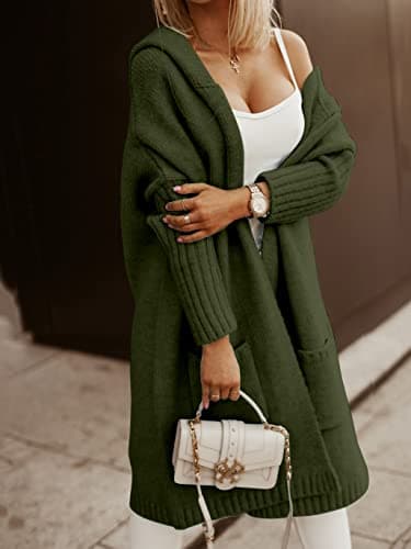 Aoysky Womens Long Cardigans Cable Knitted Open Front Oversized Hooded Outerwear Sweater Coat Army Green - Thumbnail 2