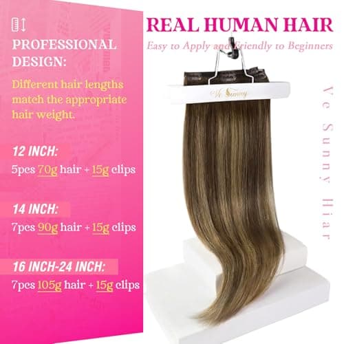Ve Sunny Balayage Clip in Hair Extensions Real Human Hair, Medium Brown to Caramel Blonde, Ombre Remy Hair Extensions Clip ins for Women Thick Natural for Beginners 16 inch 120g 7pcs - Thumbnail 5