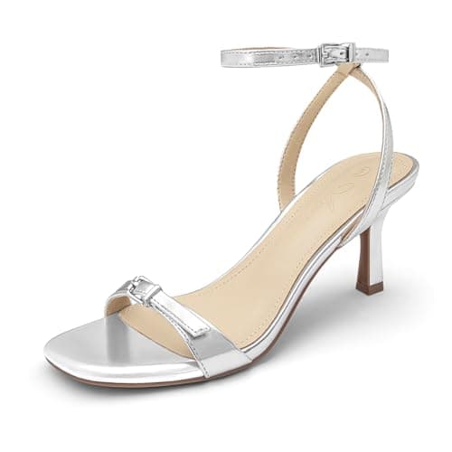 Athlefit Silver Heels for Women Kitten Heeled Sandals Square Open Toe Ankle Strap Stiletto Heels for Prom Party Wedding Dress Shoes Size 7 - Image 1