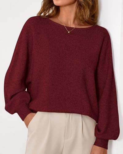 KIRUNDO Sweaters for Women Fall Winter 2026 Oversized Boat Neck Batwing Sleeve Knit Pullover Sweater Tops Fashion Clothing(Burgundy, Large) - Thumbnail 3