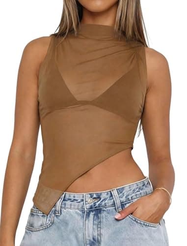 Matunana Womens Sheer Mesh Tank Tops Going Out Mock Neck Sleeveless Asymmetrical See Through Lace Shirt Summer 2026 Brown L - Image 1