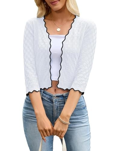 Biodeer Women's 3/4 Sleeve Cropped Cardigan Scalloped V Neck Open Front Lightweight Shrug Knit Hollow Out Crop Top Sweater White - Image 1
