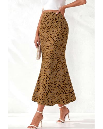 BTFBM Satin Skirts for Women Trendy Spring Summer 2026 High Waisted Leopard Print Cocktail Wedding Long Silk Midi Skirt(Dot Brown Black, Medium) - Thumbnail 6