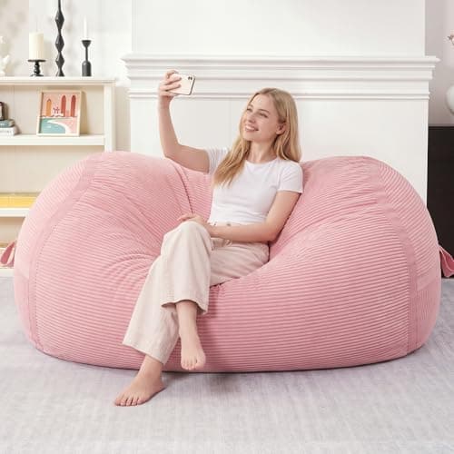 HABUTWAY Bean Bag Chair, 5FT Giant Bean Bag Chair with Memory Foam, Ultra-Soft Corduroy Cover & Zipper Design, Portable Handle – Comfy Bean Bag Sofa for Living Room, Bedroom, No Assembly - Pink - Thumbnail 3