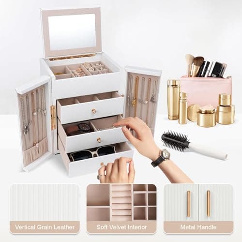 Dajasan Large Jewelry Box for Women, Jewelry Holder Organizer Box with 3 Drawers, 4-Tier Jewelry Storage Organizer with Mirror for Necklace Ring Bracelet Watch, Gift Idea (White) - Thumbnail 4