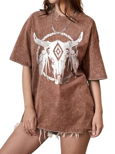 Western Shirts for Women Oversized Graphic Tees Vintage Cowboy Rodeo T Shirts Acid Wash Cattle Skull Casual Short Sleeve Tops - Image 1