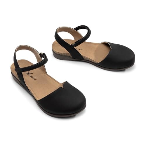 Athlefit Women's Closed Toe Sandals Comfort Cork Footbed Arch Support Flat Sandals Black Size 8 - Thumbnail 6