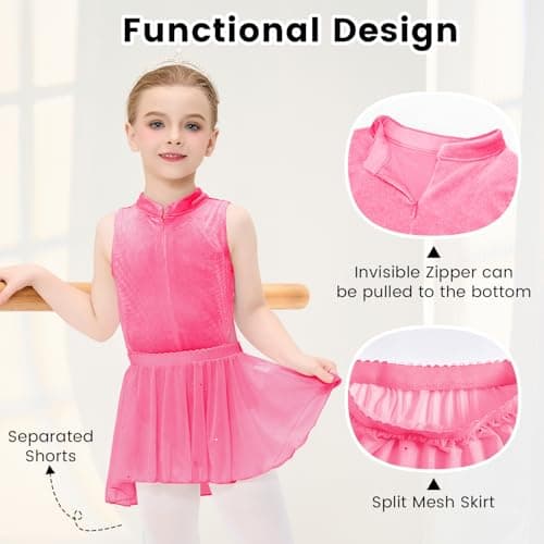 JiAmy Girls Ballet Leotards with Invisible Zipper & Removable Skirt Mesh Back Cutout Dance Dress Outfit for Toddler/Kids Rose Red 7-8 Years - Thumbnail 2