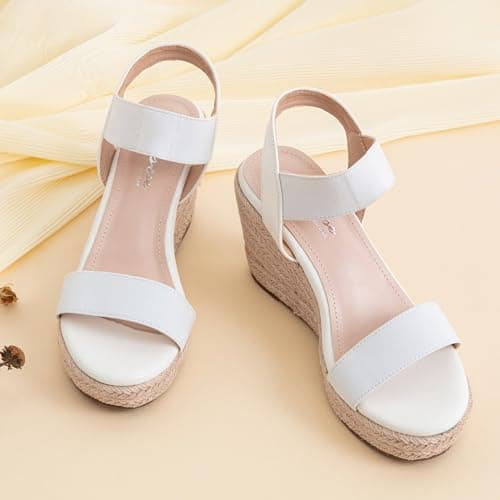 Vepose Women's White Wedge Sandals Platform Espadrilles Open Toe Ankle Strap Comfortable Dressy Summer Shoes for Daily Travel Casual 881 Size 9.5 (CJY881 White 09.5) - Thumbnail 3