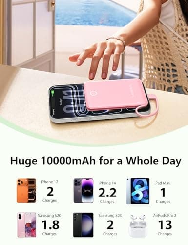 10000mAh Mini Portable Charger with Built in Cable, Pocket Size Power Bank Travel External Battery Pack for Phone, 3 Output USB Type C Cord Clutch Compatible with iPhone, Samsung, 2 Pack Black & Pink - Thumbnail 3