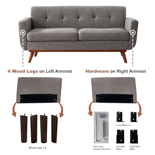 Kingfun 65.2" W Loveseat Sofa, Mid Century Modern Decor Love Seat Couches for Living Room, Button Tufted Upholstered Furniture, Solid & Easy to Install Small Couch for Bedroom Office Apartment, Grey - Thumbnail 6