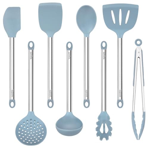 8PCS Kitchen Utensils Set, Vayvnt Heat Resistant Silicone Utensils Set for Cooking, Non Scratch Spatula Spoons for Non Stick Pan, Large Kitchen Cooking Tools, Metal Long Handle&Dishwasher Safe, Blue - Image 1