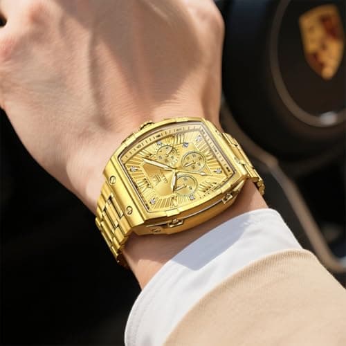 OLEVS Gold Watches for Men Luxury Large Face Rectangle Square Wrist Chronograph Waterproof Mens Watches Fashion Stainless Steel Dress Luminous Quartz Analog Moon Phase Calendar Relojes para Hombres - Thumbnail 2