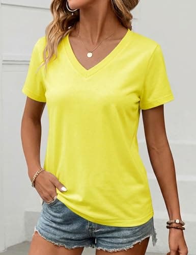 LaGracia Women's Cotton T Shirt V-Neck Short Sleeve Shirt Classic-Fit Casual Breathable Tee Summer Basic Tops Yellow L - Thumbnail 4