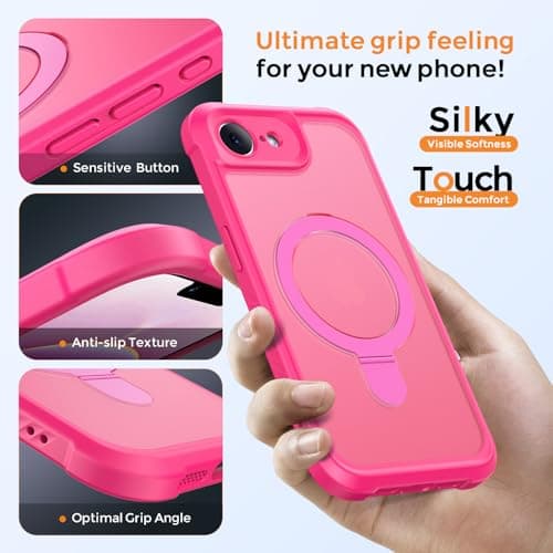 MOCCA for iPhone 17e Case & iPhone 16e Case with Magnetic Invisible Stand [Full Camera Protection][Compatible with Magsafe] Military Drop Shockproof Translucent Matte Phone Case Cover 6.1",Hot Pink - Thumbnail 6