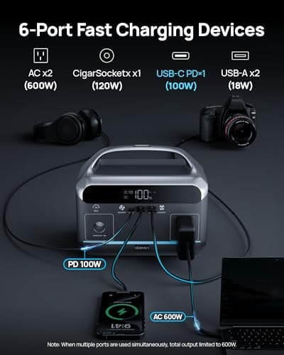 DaranEner Portable Power Station 600W, 288Wh LiFePO4 Battery Backup Power w/2×600W AC Outlets (1200W Surge), 2.2H Fast Charging, Solar Generator for Outdoor Camping/RVs/Home Emergency (Solar Optional) - Thumbnail 3
