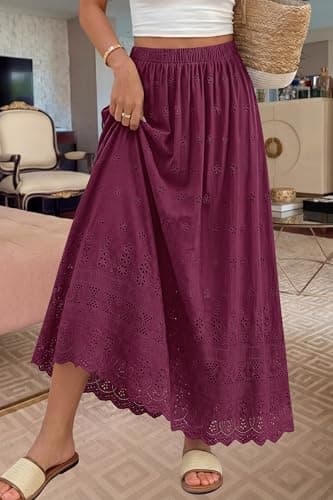 dowerme Women Summer Maxi Skirt Cute Elastic High Waist Boho Eyelet A-Line Cotton Flowy Long Skirts Spring Clothes 2026(Burgundy,Large) - Thumbnail 3