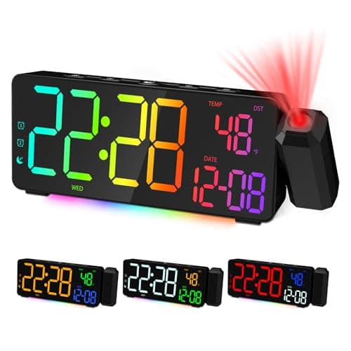 EVILTO Projection Alarm Clocks, RGB Desk Clock with 180° Rotatable Projector 15 Color Display, Date Temperature and Weekday, DST, Snooze, Ambient Lighting for Living Room,Bedroom Bedside Office Decor