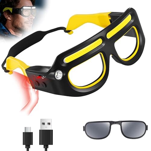 TFFUAM LED Rechargeable Headlight Glasses with Motion Sensor & Touch Control, Safety Glasses with Lights 5 Modes USB C Light Up Glasses for Outdoor Running Camping Hiking Work (Yellow-1)