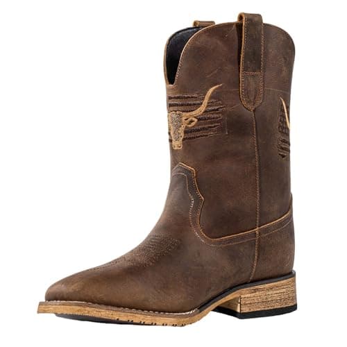 MacePhenoMelon Cowboy Boots For Men Square Toe Western Men's Boots Real Leather Retro Pull On Country Short Boots CF-7.5 - Image 1