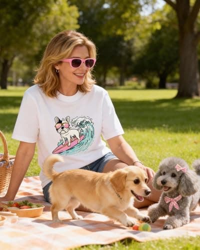 Aiyino Womens Funny Dog Graphic Tee Oversized Cute Dog Art Shirt for Pet Lovers Casual Cotton T-Shirt Gift Top Surf Dog White L - Thumbnail 5