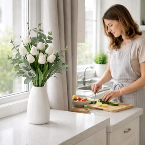 siqifloral 18 Pcs Artificial White Tulips Bouquet with Eucalyptus and Pearl Berries, Real Touch Silk Flowers for DIY Wedding Centerpieces, Home Table Arrangement - Thumbnail 4