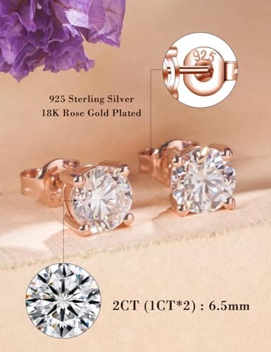 IMOLOVE Moissanite Stud Earrings with 0.6ct-3ct D Color Round Cut Lab Created Diamond Earrings in Sterling Silver with 18K Rose Gold Plated for Women Men-2 - Thumbnail 2