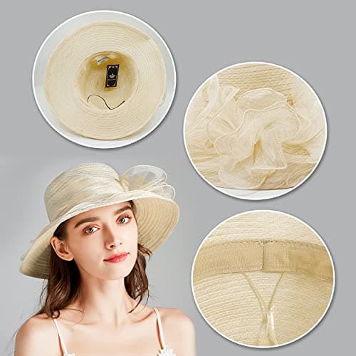 Bellady Women Foldable Organza Derby Hat Wide Brim Summer Beach Cap,Beige - Thumbnail 4