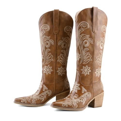 QIV Brown Cowboy Boots for Women Western Pointed Toe Chunky Heel Mid Calf Cowgirl Boots with Embroidered Floral Size 7 - Image 1