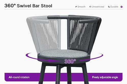 PURPLE LEAF Outdoor Swivel Counter Height Bar Stools Set of 2 Metal Modern Wicker Bar Chairs Wraparound Back and Armrests Aluminum Woven Barstools with Cushions for Kitchen Balcony Garden Indoor Gray - Thumbnail 4