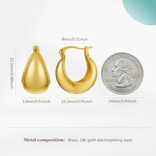 Cicy Bell Hoop Earrings for Women 18K Gold Plated Chunky Twisted Edge Drop Earrings Hypoallergenic Elegant Stylish Hanging Jewelry Gifts - Thumbnail 5