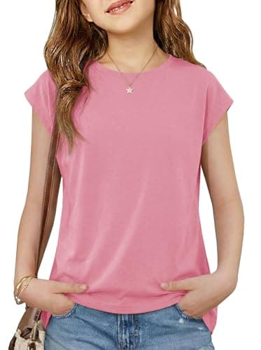 Girls Cap Sleeve T-Shirt Lightweight Summer Crewneck Top Loose Fit Casual Tee for Kids 5-14 Years Basic Tops Pink - Image 1