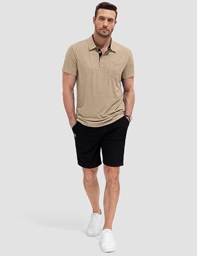 AUSELILY MEN Mens Polo Shirts Short Sleeve Cotton Casual Summer Knit Golf Stylish T Shirts Big and Tall with Pockets Khaki 5XL - Thumbnail 2