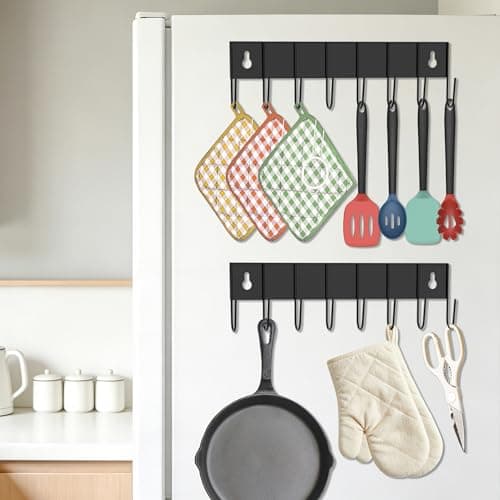 sawgos Magnetic Key Holder with 8 Hooks for Fridge Key Hanger Organizer for Wall Mount with 8 Self-Adhesive Sticker No Drilling Required Metal Key Rack for Door, Bathroom, Kitchen,Garage (4, Black) - Thumbnail 2