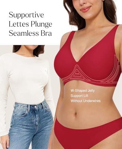 Seamless Bras for Women Comfy Push Up Supportive Wireless Bralettes Deep V Comfortable Tshirt Bras No Underwire Red S - Thumbnail 2