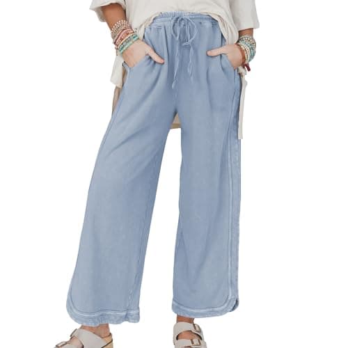 Ainangua Women's Palazzo Pants Acid Wash Capri Pants Drawstring Athletic Wide Leg Trousers Summer Lounge Home(Light-Blue,XL) - Image 1