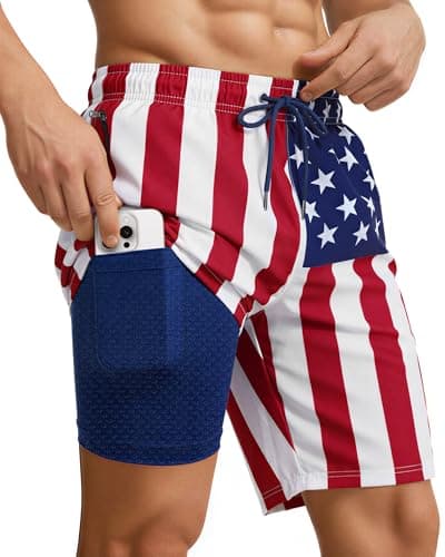 9 Inch 9in Men Swim Trunks Compression Liner Quick Dry Pocket Lined Inseam American Flag 4th July Red White Blue USA Patriotic Male Swimwear Swimsuit Swimtrunks Boardshorts Bathing Suit Beach Short - Image 1