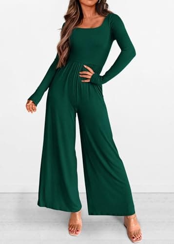 KIRUNDO Long Sleeve Jumpsuit for Women 2026 Spring Outfits Summer One Piece Square Neck Wide Leg Pants Romper With Pockets(Dark Green, Large) - Thumbnail 5