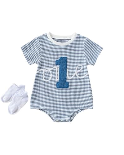 ChuYuKu Baby Boy 1st Birthday Romper Waffle Knit One Short Sleeve Onesie First Birthday Gift Soft Comfortable Bodysuit - Image 1