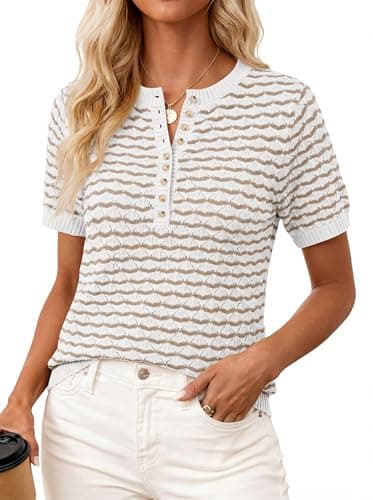 PRETTYGARDEN Womens Knit Summer Tops Button Short Sleeve Sweater Casual Crewneck Chevron Henley Shirts Dressy Work Blouses(Khaki White,X-Large) - Image 1