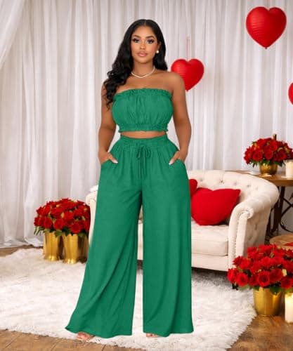 ABKY Two Piece Sets for Women Going Out Summer Off Shoulder Tube Top Palazzo Pants Set Vacation Birthday Party Date Night Outfits Green M - Thumbnail 2