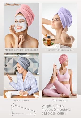 Hicober Microfiber Hair Towel, 3 Packs Hair Turbans for Wet Hair, Drying Hair Wrap Towels for Curly Hair Women Anti Frizz (Pink,Purple,Grey) - Thumbnail 5