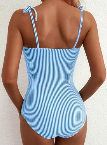 Herseas Womens Tummy Control One Piece Bathing Suits High Cut Striped Bathing Suit Tie Shoulder Swim Suits Classic 2026 Summer Cruise Outfits Beachwear Sky Blue Stripe Medium - Thumbnail 5
