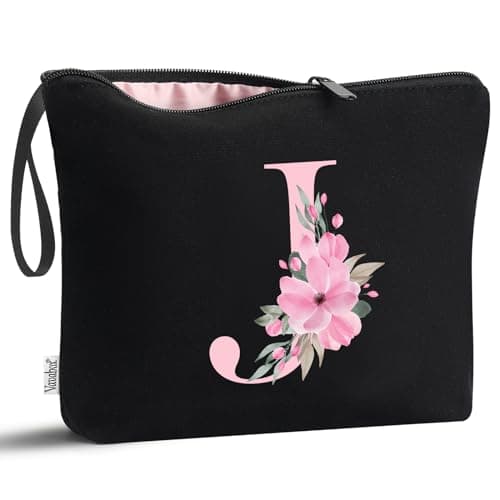Vavabox A-Z Personalized Makeup Bag, Birthday Gifts for Women Mom, Gifts for Best Friend, Bride Bridesmaid Cosmetic bag (J, Black) - Image 1