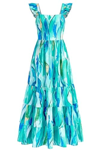 dowerme Summer Dresses for Women 2026 Casual Ruffle Smocked Tiered A-Line Boho Floral Maxi Beach Sun Dress with Pockets(Blue,Large) - Image 1