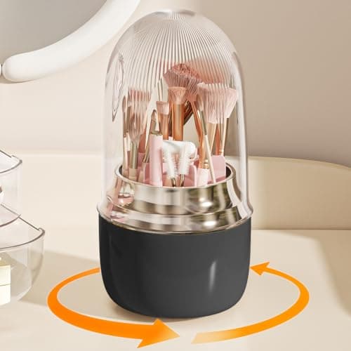 Anylady Makeup Brush Holder 360 Rotating, [Upgrade & with Cover] Makeup Brush Organizer for Vanity Countertop Bathroom (Black) - Image 1