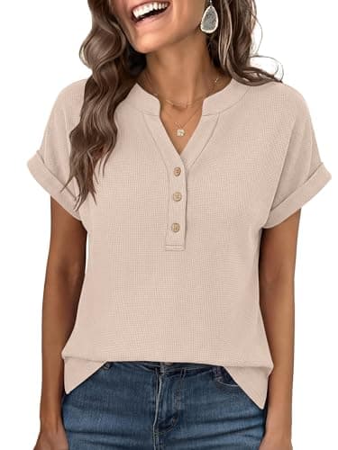 ANRABESS Women Short Sleeve Waffle Knit Henley Shirts Casual Loose Summer Top High Low Slit T-Shirts Vacation Clothes Beige Small - Image 1