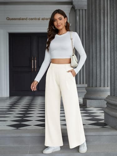 Amzdora Womens Dress Wide Leg Pants Pull On Stretchy Work Pants High Waisted Business Causal Palazzos Trousers with Pockets White - Thumbnail 6