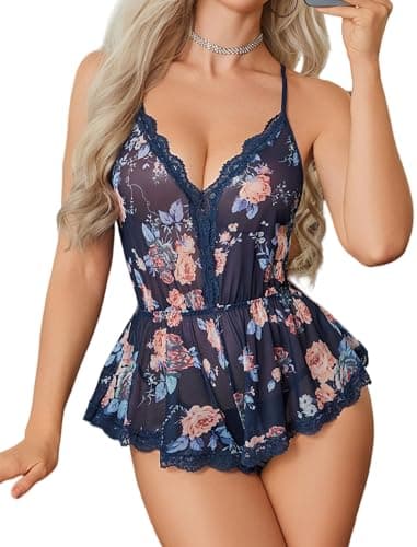 Avidlove Women's Lingerie Lace Crisscross Mesh Sleep Cami Romper Sexy One Piece Pajamas Navy Blue XXL - Image 1
